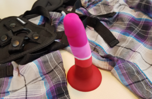 A small dildo striped with several shades of pink, white, and red, is sticking to a table by its suction cup. Behind it, a flannel shirt and black strap-on harness are strewn haphazardly.
