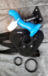 The harness laying flat with a sqiggle-shaped blue dildo on top of it. There's also a thick plastic plug with a base, a white squeeze-bottle of powder, and two spare o-rings.