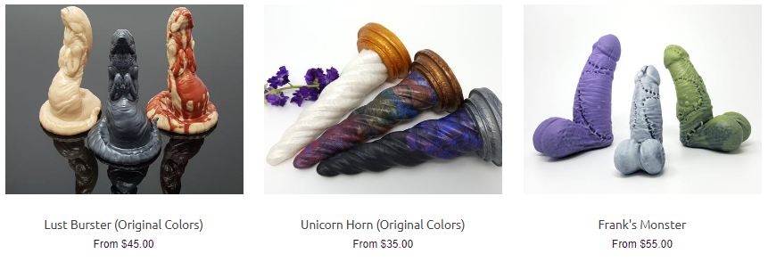 A screencap from Lust Art's shop featuring dildos modeled after chest bursters from Alien, unicorn horns, and Frankenstein's monster's dick.