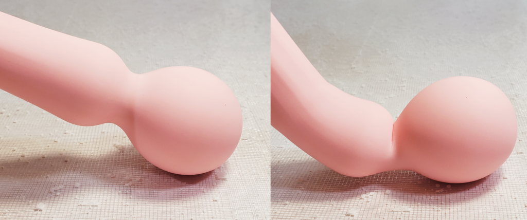 Two cropped close-ups of the Confidence's head propped against the table. In the second image, the neck and handle are being bent.