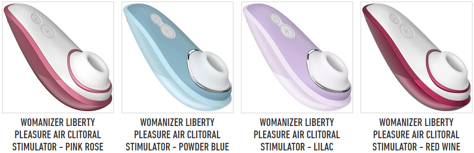 A SheVibe screenshot. Four color variations of the Womanizer Liberty, all in pastel shades except for the deeper colored Wine.