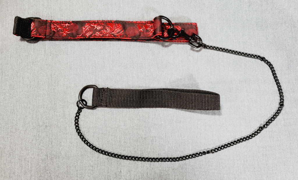 A collar folded flat on itself, attached to a leash with a long, thin chain.