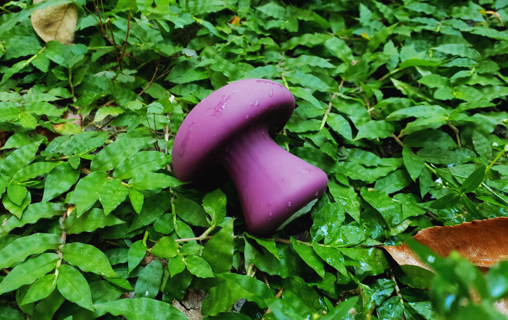 The mushroom-shaped vibrator laying on its side in the greenery.