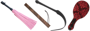 Examples of impact toys, including a flogger, ruler, stinging silicone whip, and paddle.