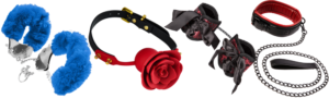 Examples of bondage toys, including a ball gag, cuffs, and collar and leash.