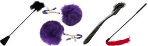 A riding crop, a tickling feather, and a silicone tickler for sensation play.