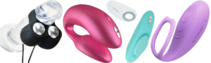 Examples of vibrators you can wear, like a panty vibe, insertable couple's vibe, and vibrating penis loop.
