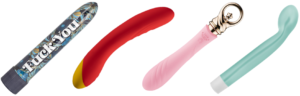 Four insertable vibrators: a slimline battery-operated vibe, a curved g-spot vibe, a magical girl themed vibe, and a bulbous-tipped g-spot vibe.