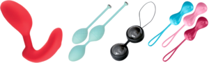 Examples of kegel balls, three of which have silicone strings for easy removal.