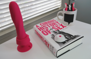 The Wall Banger Deluxe Vibrator standing upright with its suction cup on.